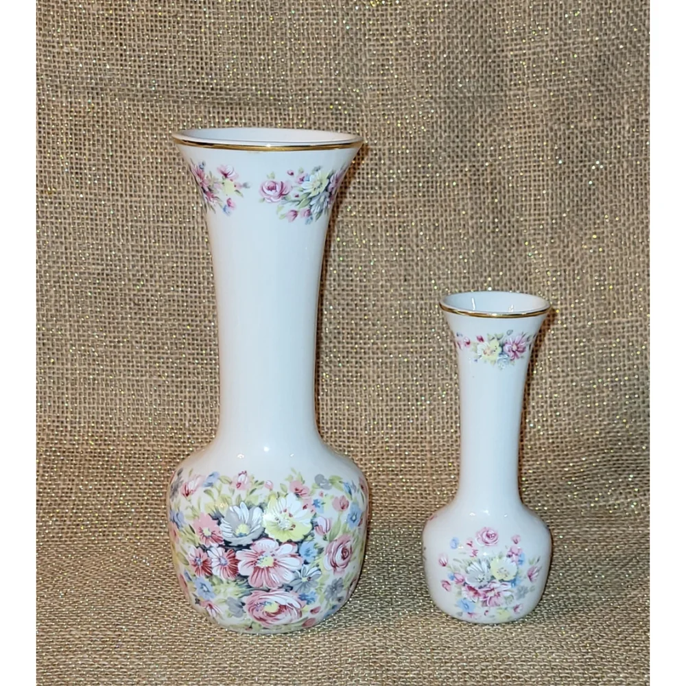 Vintage Ceramica Ibis Aveiro Portugal Floral Porcelain Vase Set Gold Rim 7¾